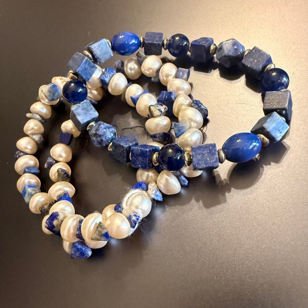 Pair of Lapis Lazuli Sodalite Pearl Beaded Stretch Bracelets